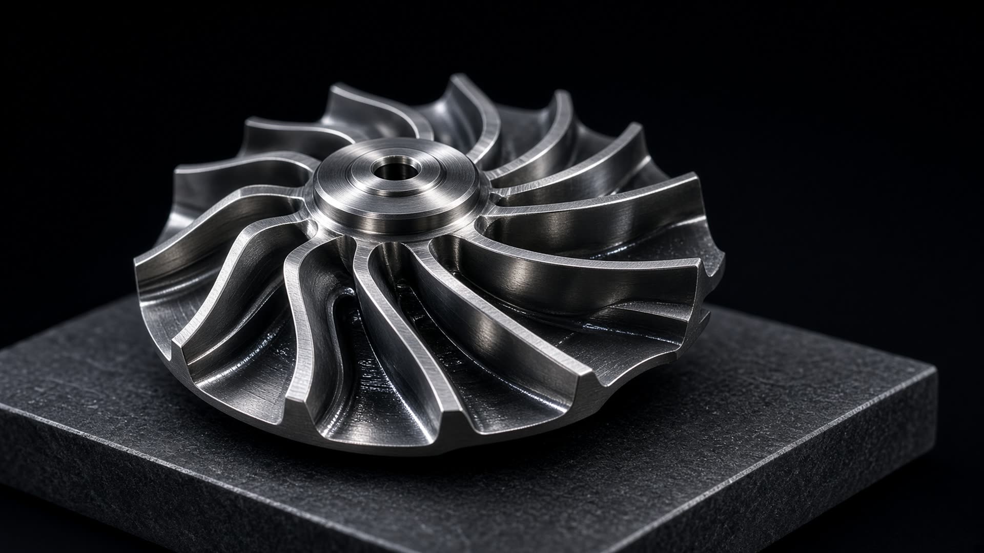 Precision-machined titanium impeller in a dark studio